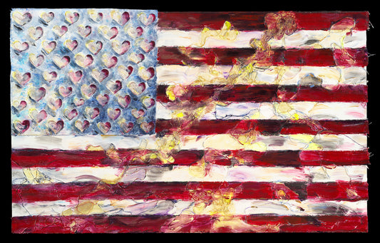 A Flag For Hearts, 2023, mixed media on canvas, 36 x 48 in. / 91.44 x 121.92 cm.