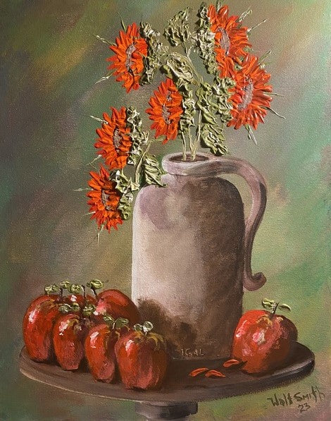 Apples and Rose Sunflowers, 2023, acrylic on canvas, 24 x 18 in. / 60.96 x 45.72 cm.