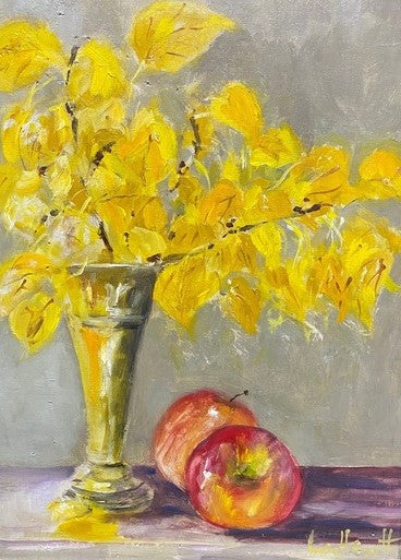 Aspens and Apples, 2024, oil on board, 8 x 10 in. / 20.32 x 25.4 cm.