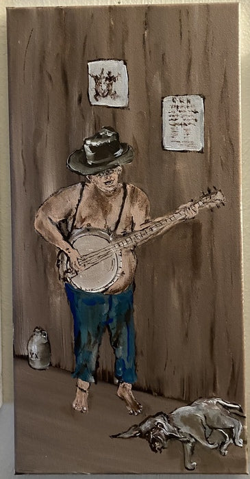 Banjo Blackhat Hillbilly Band, 2021, acrylic on canvas, 10 x 20 in. / 25.4 x 50.8 cm.