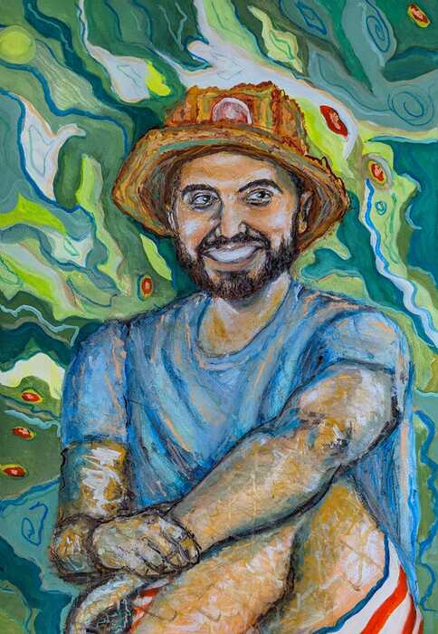 Bucket Hat Boy, 2023, gouache on paper, 24 x 18 in. / 60.96 x 45.72 cm.