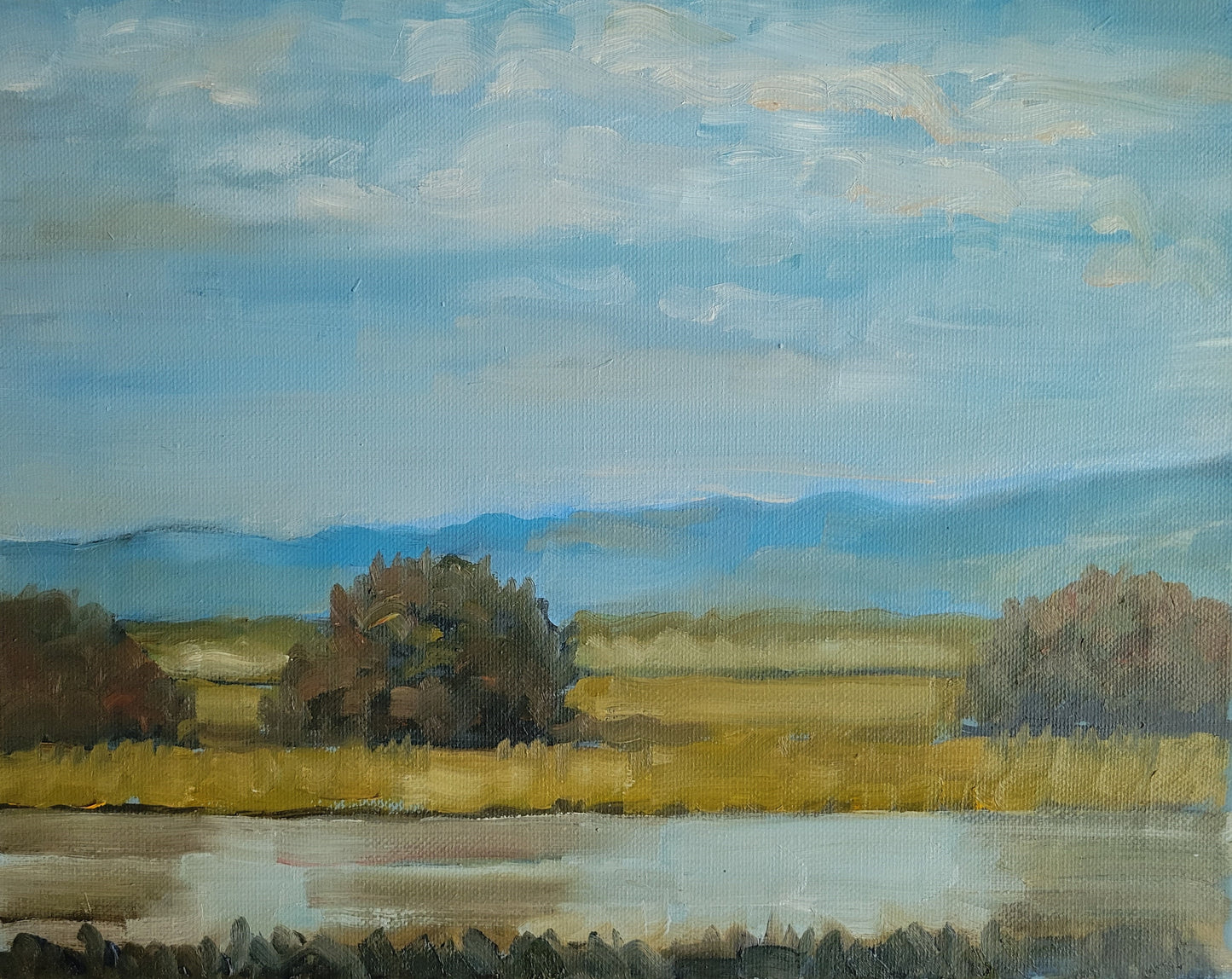 Canal and Clouds, 2022, oil on canvas, 11 x 14 in. / 27.94 x 35.56 cm.