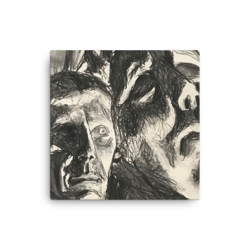 Statue Heads, 2023, charcoal drawing on canvas print