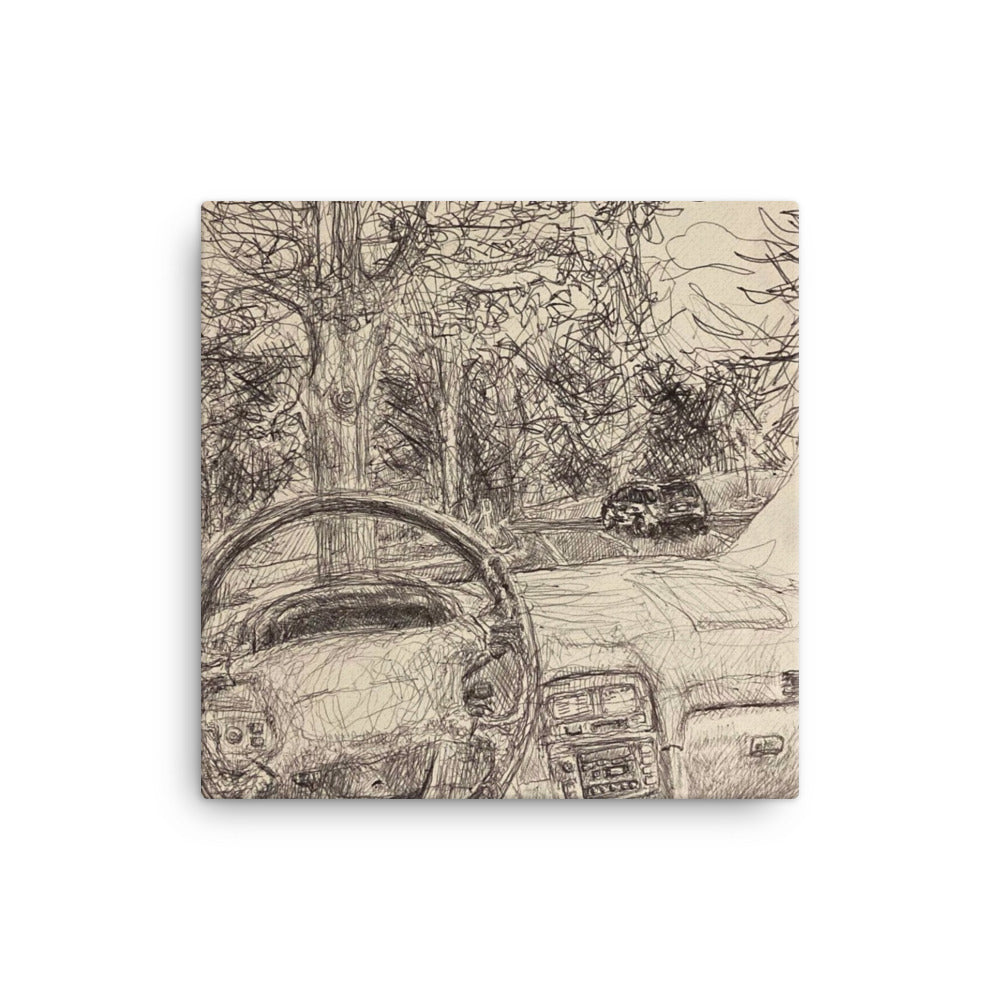 Driver's Seat POV, 2023, ink drawing on canvas print