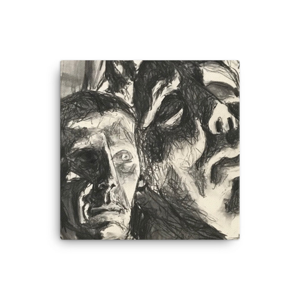 Statue Heads, 2023, charcoal drawing on canvas print