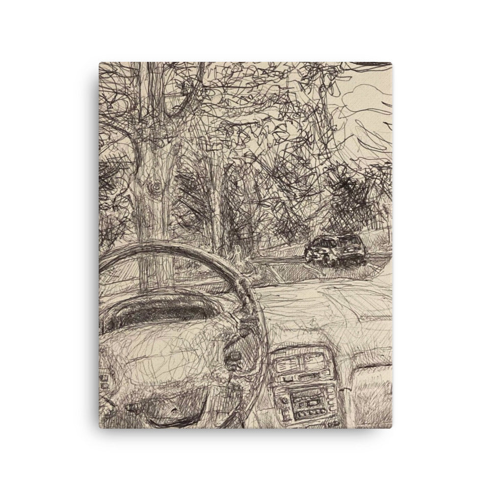 Driver's Seat POV, 2023, ink drawing on canvas print