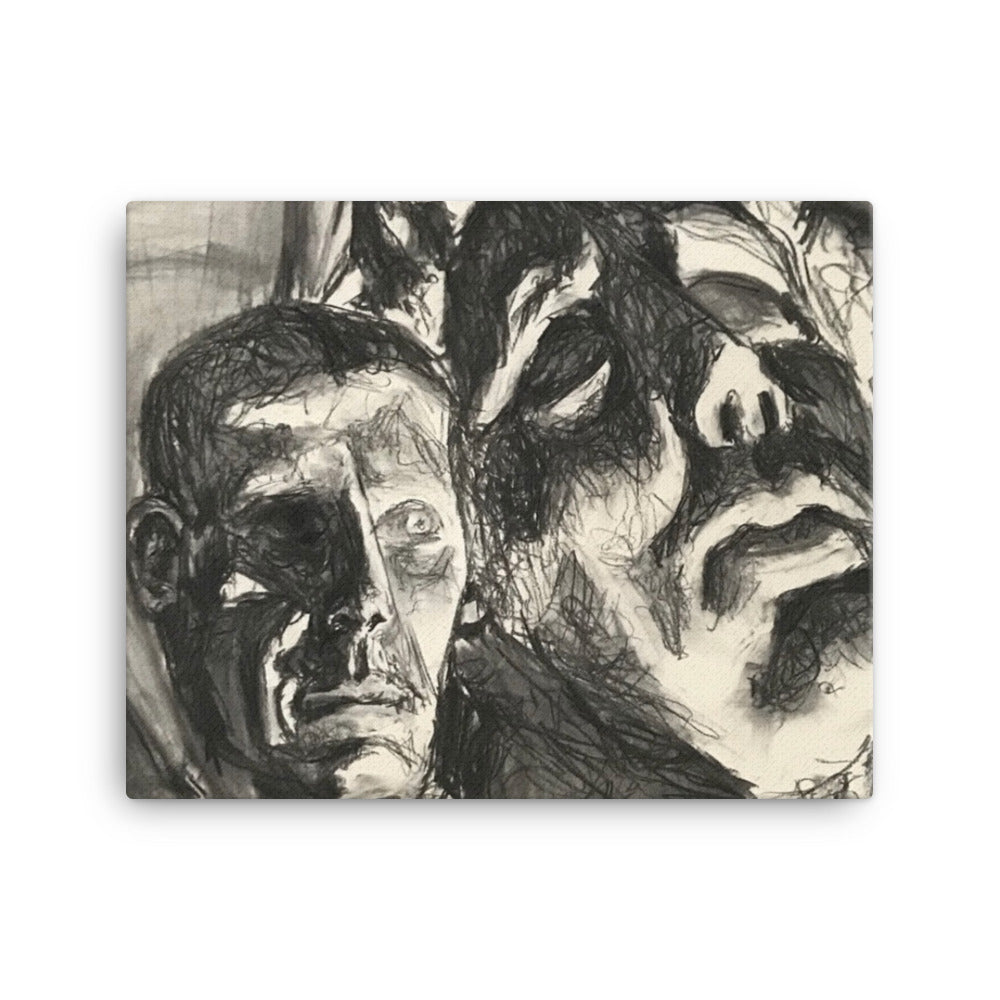 Statue Heads, 2023, charcoal drawing on canvas print