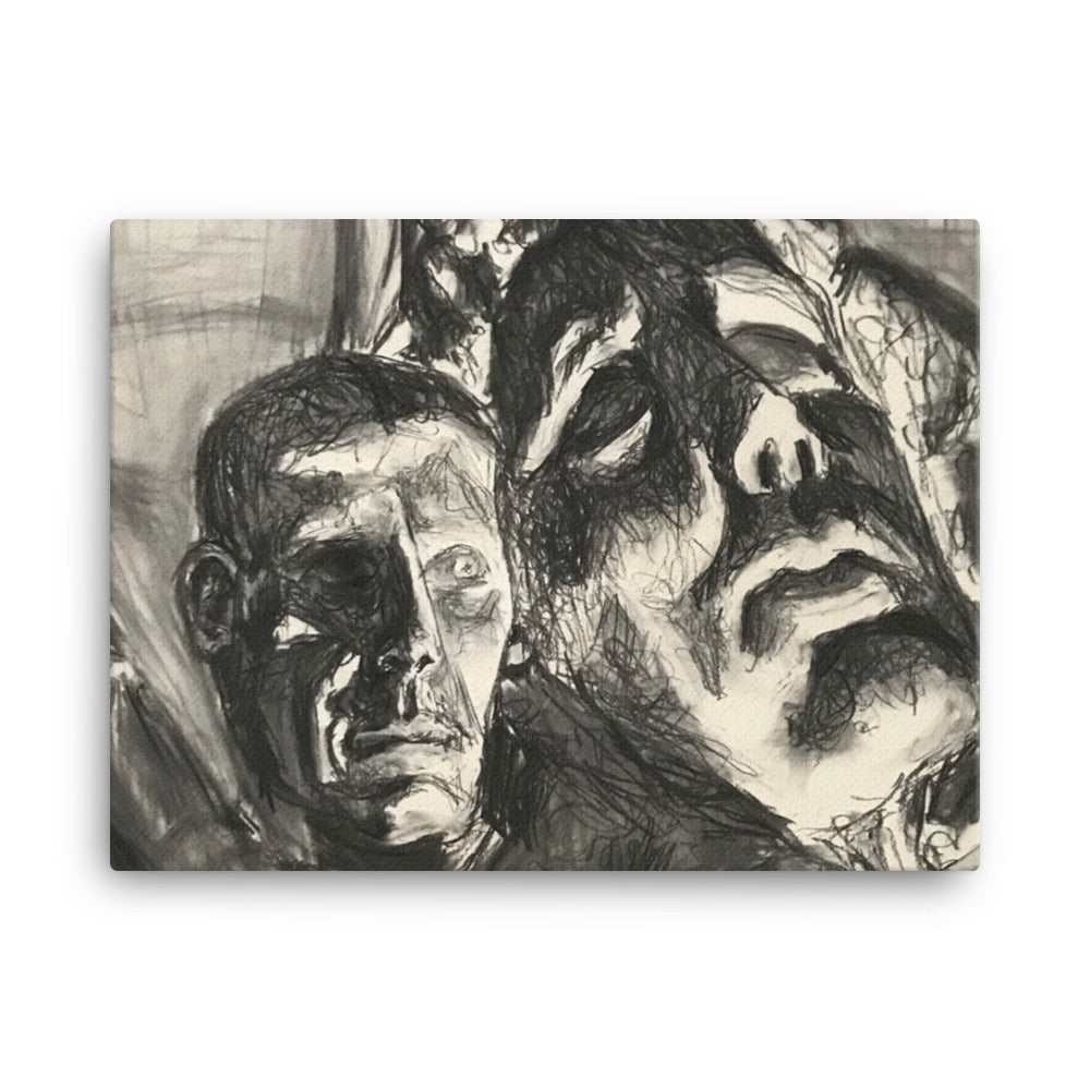 Statue Heads, 2023, charcoal drawing on canvas print