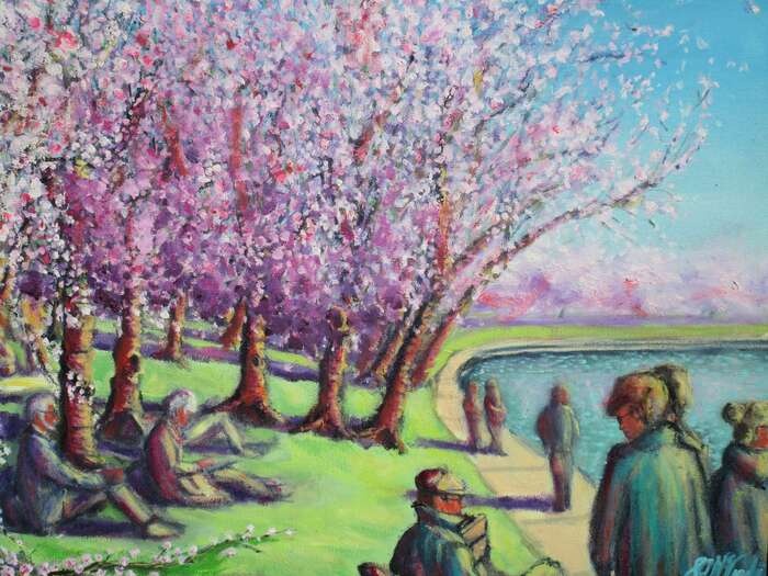 Tidal Basin Blossoms, 2022, oil on canvas, 16 x 20 in. / 40.64 x 50.8 cm.