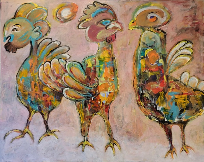 Chicken Story, 2024, acrylic on canvas, 48 x 60 in. / 121.92 x 152.4 cm.