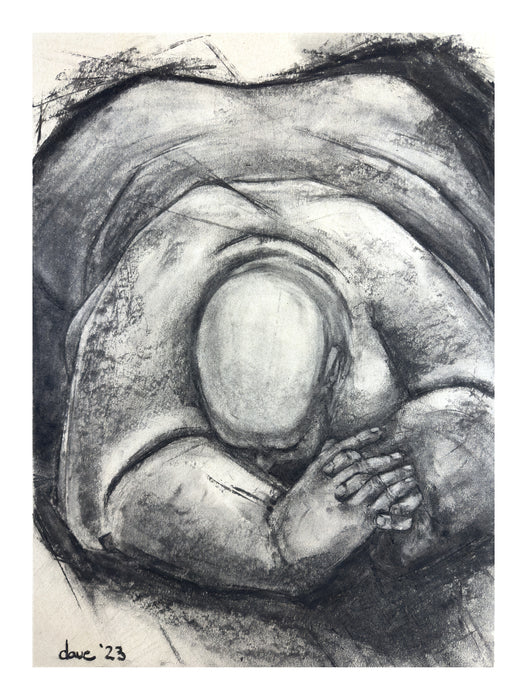 Child's Pose, 2023, vine charcoal, 24 x 18 in. / 60.96 x 45.72 cm.
