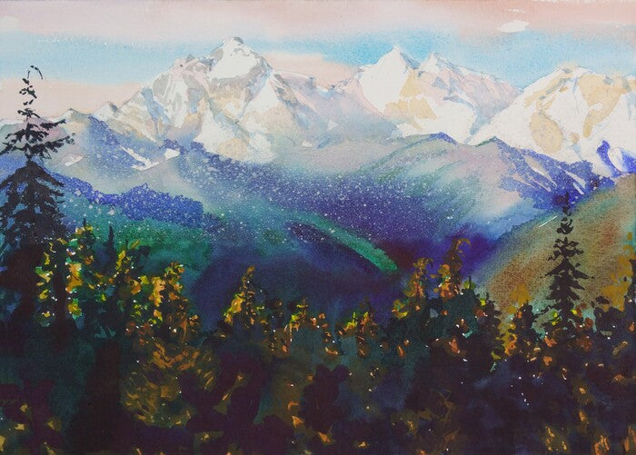 Constance, Warrior and Buckhorn from Mt. Walker, 2021, watercolor on paper, 11 x 15 in. / 27.94 x 38.1 cm.