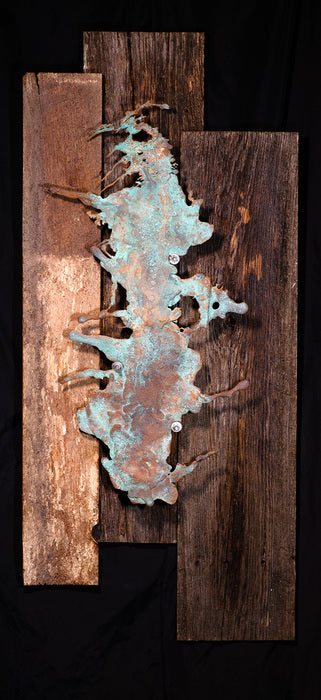 Splash Copper On Reclaimed Wood Wall Sculpture, 2023, mixed media, 42 x 19 in. / 106.68 x 48.26 cm.