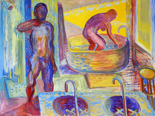 Couple in Bathroom, 2023, oil on canvas, 48 x 36 in. / 121.92 x 91.44 cm.