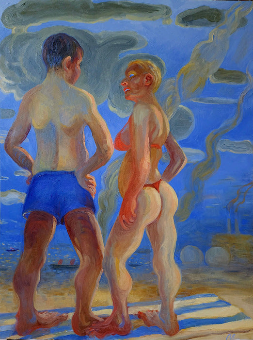 Couple Conversing at the Jersey Shore, 2023, oil on canvas, 40 x 30 in. / 101.6 x 76.2 cm.