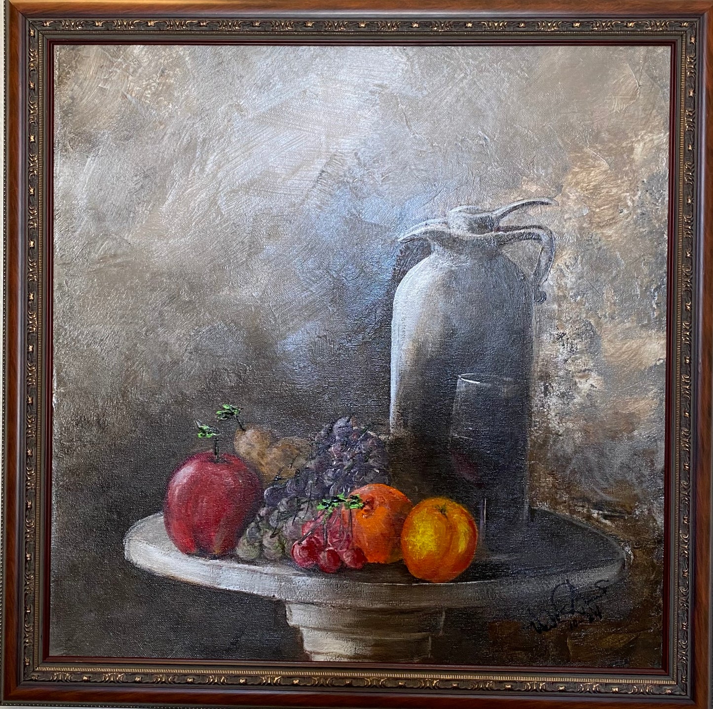 Decanter and Fruit, 2024, acrylic on canvas, 18 x 18 in. / 45.72 x 45.72 cm.