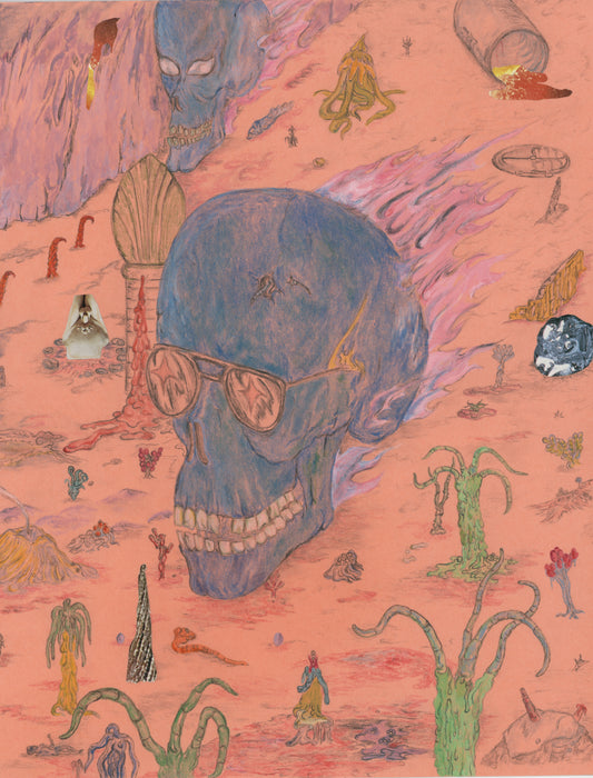 Devoted Skulls On Their Way To Necrose Turnpike, 2021, colored pencil on paper, 11 x 8.5 in. / 27.94 x 21.59 cm., $300.00 USD