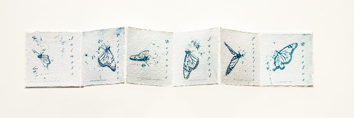 The Diligent Journey, 2023, cyanotype print on cotton rag paper, 5 x 5 x 28 in. / 12.7 x 12.7 x 71.12 cm.
