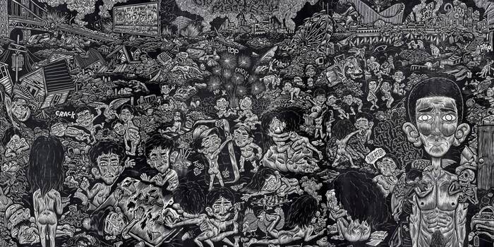 The Last Times on Dogwater Beach, 2024, woodcut print, 50 x 91 in. / 127 x 228.6 cm.