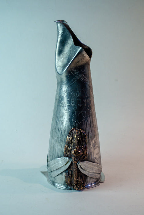 Dragonfly Memories, 2024, pewter & bronze, 15 x 7 x 7 in. / 38.1 x 17.78 x 17.78 cm.