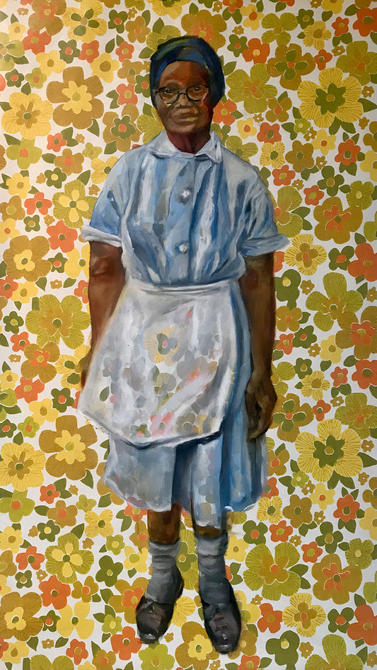 Edna, 2022, oil on vintage wallpaper, 20 x 35 in. / 50.8 x 88.9 cm.