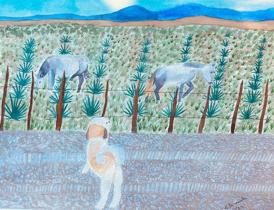 Emmy Observes Life in Tonay Mexico, 2024, watercolor, 16.5 x 12.5 in. / 42 x 31.75 cm.