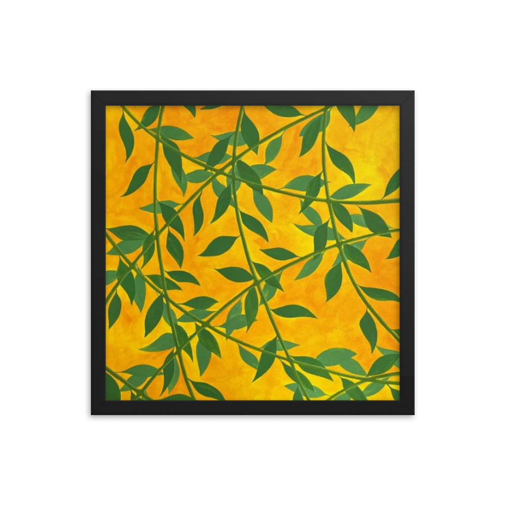 Silhouetted Green Leaves, 2023, gouache on framed paper print