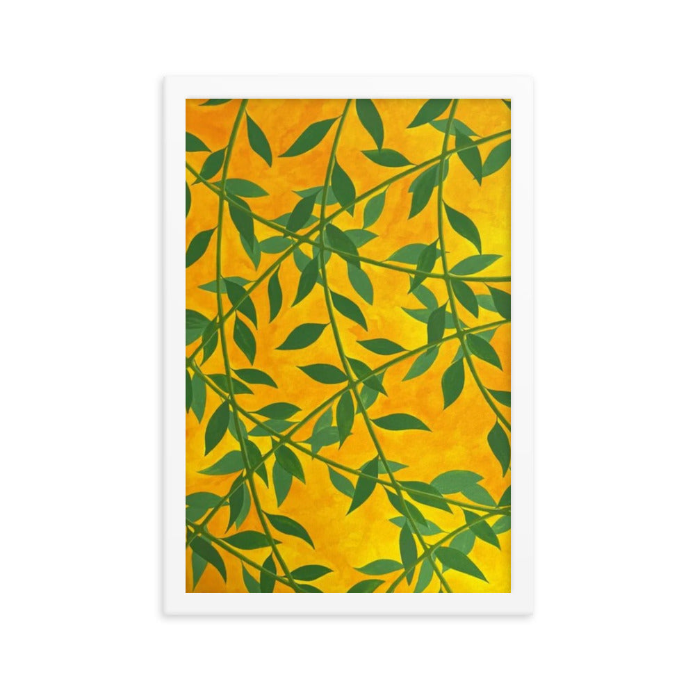 Silhouetted Green Leaves, 2023, gouache on framed paper print