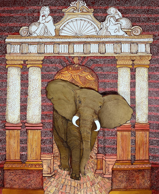 Enter the Elephant, 2021, mixed media, 24 x 28 in. / 60.96 x 71.12 cm.