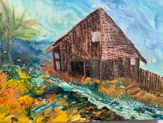 Brown Barn by the Creek, 2024, textured acrylic on canvas, 18 x 24 in. / 45.72 x 60.96 cm.