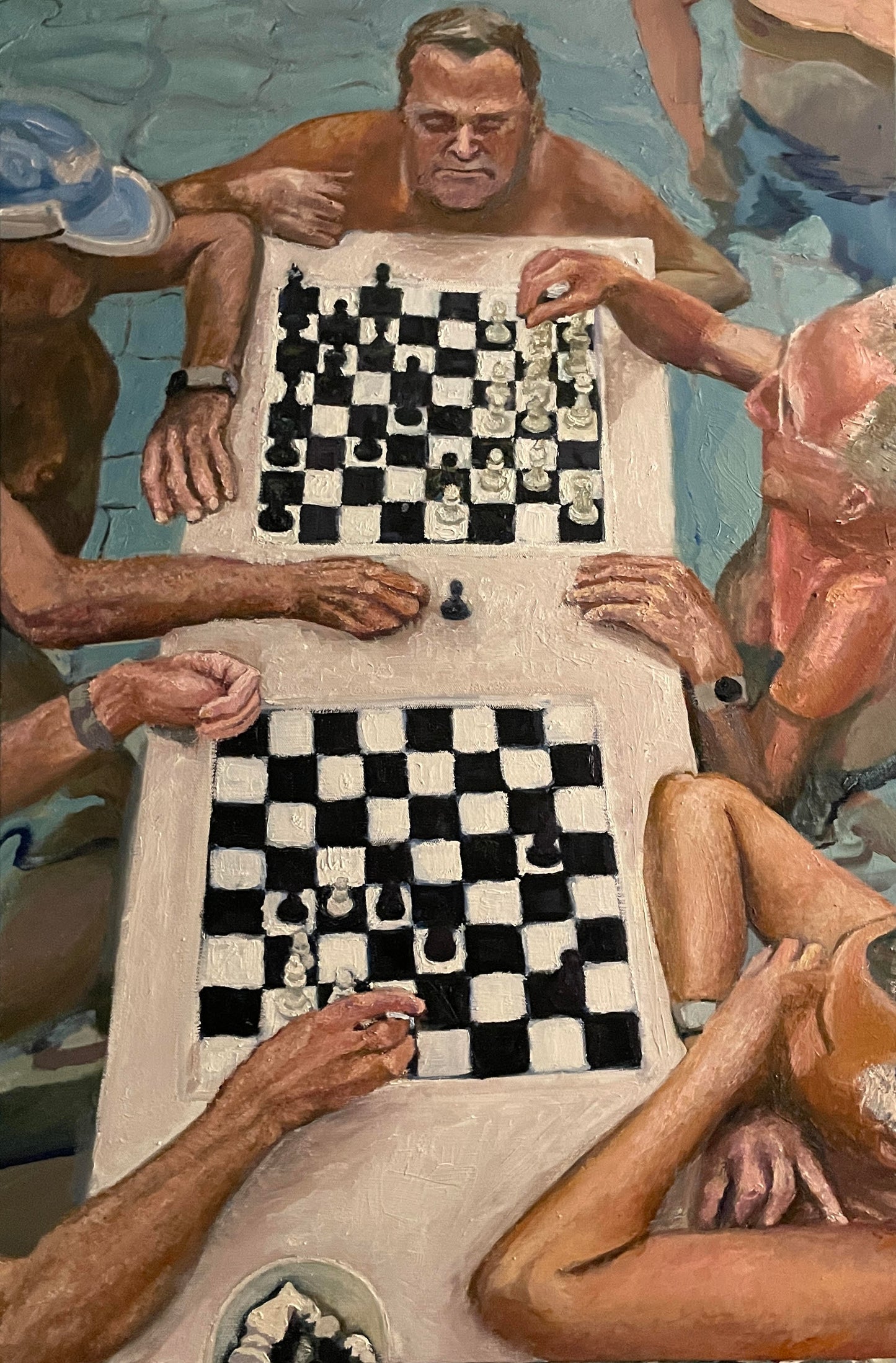 Chess at the Széchenyi Thermal Bath in Budapest, 2022, oil on canvas, 36 x 24 in. / 91.44 x 60.96 cm.