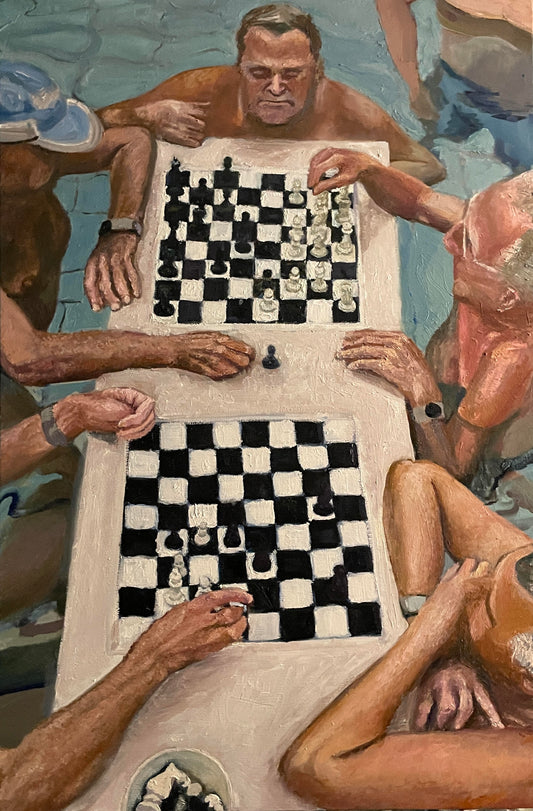 Chess at the Széchenyi Thermal Bath in Budapest, 2022, oil on canvas, 36 x 24 in. / 91.44 x 60.96 cm.