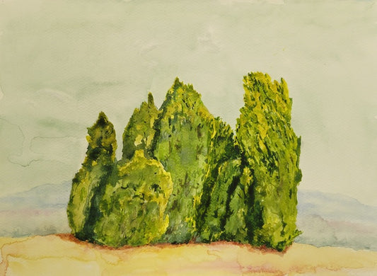 Evergreens, 2023, watercolor on paper, 11 x 15 in. / 27.94 x 38.1 cm.