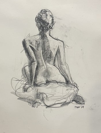 Female Nude Sitting, 2024, charcoal graphite, 24 x 18 in. / 60.96 x 45.72 cm.