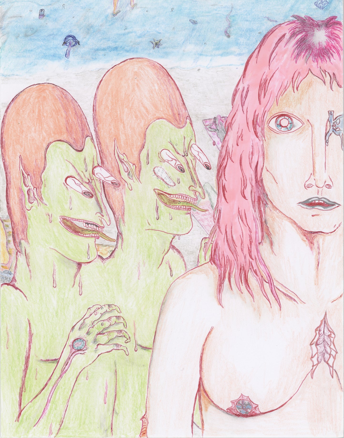 First Time At 'Free Beach', 2023, colored pencil on paper, 11 x 8.5 in. / 27.94 x 21.59 cm.