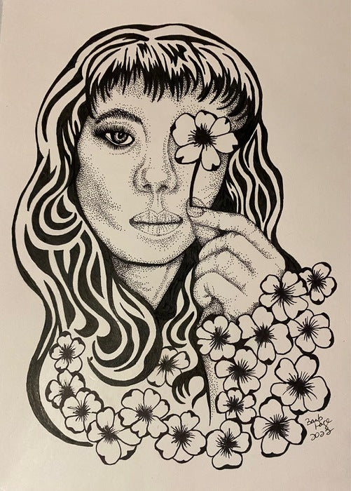 Flower Girl, 2022, pen and ink, 16 x 13 in. / 40.64 x 33.02 cm.