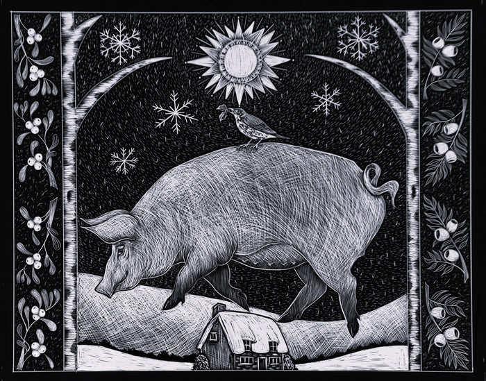 A Four-Footed Pig, 2022, scratchboard, 10 x 12.5 in. / 25.4 x 31.75 cm.