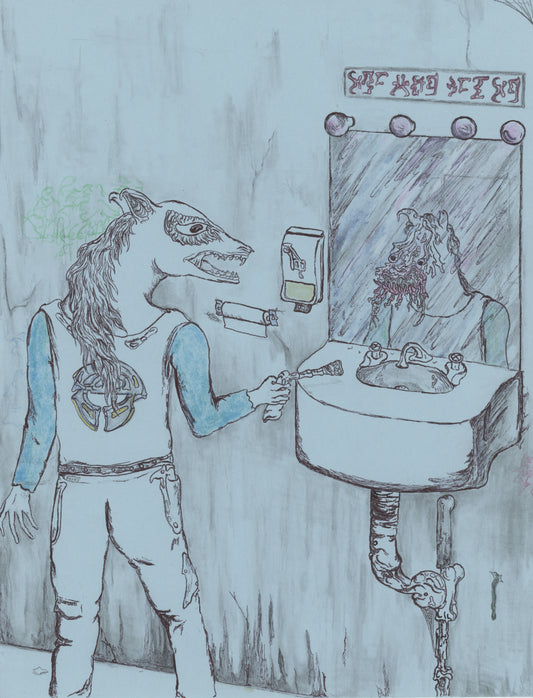 Freaking Out in the Bathroom, 2021, colored pencil on paper, 11 x 8.5 in. / 27.94 x 21.59 cm.