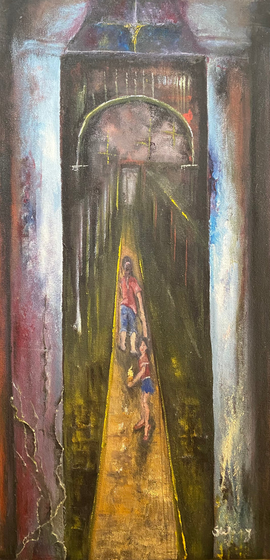 Going to Church After Getting Ice Cream, 2018, oil on canvas, 11 x 23 in. / 27.94 x 58.42 cm.