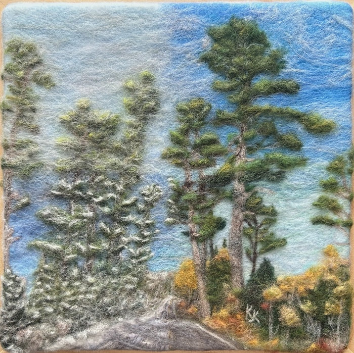 Gunflint Pines - Sentinels of the Seasons, 2023, needle felting with wool fibers, 12 x 12 in. / 30.48 x 30.48 cm.