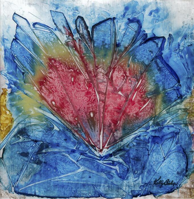 HEARTSCAPE, 2023, alcohol ink on glass, 12 x 12 in. / 30.48 x 30.48 cm.