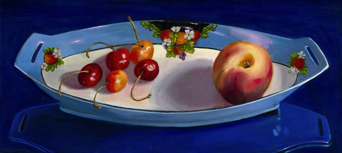 Cherries and Peach, 2024, oil on board, 10 x 22 in. / 25.4 x 55.88 cm.