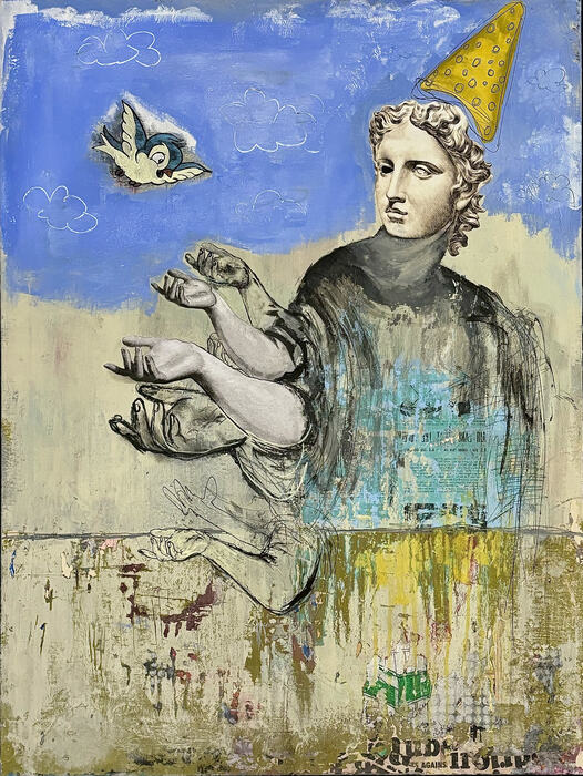 Holding Hope, 2023, mixed media on canvas, 20 x 30 in. / 50.8 x 76.2 cm.