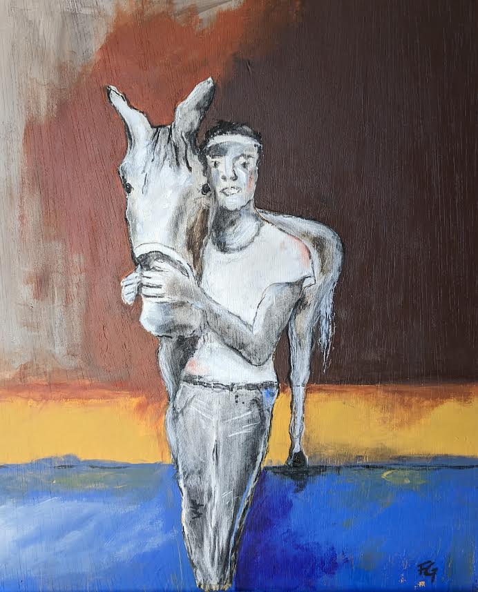 Horse and Keeper, 2023, mixed media, 22 x 28 in. / 55.88 x 71.12 cm.