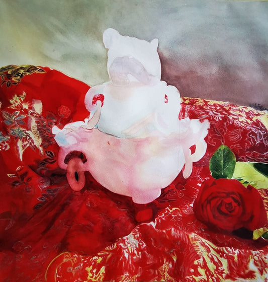 Jade Pot on Red Cloth, 2023, watercolor on paper, 24.4 x 22.8 in. / 62 x 58 cm.