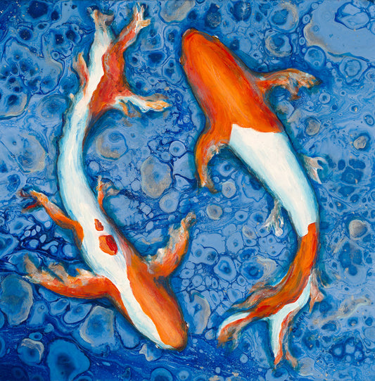 Koi Twins, 2022, acrylic pour on canvas, 16 x 16 in. / 40.64 x 40.64 cm.