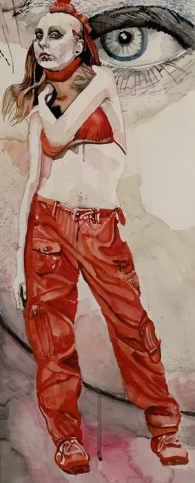 Lady in Red, 2021, watercolor, 25 x 10 in. / 63.5 x 25.4 cm.