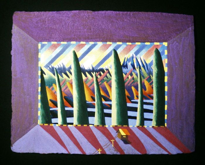 Landscape Electrified, 1990, casein on handmade rag, 11 x 14 in. / 27.94 x 35.56 cm.