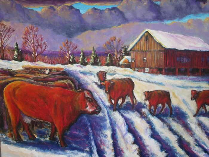 Lavender Clouds and Red Cows, After the Snow Storm, 2023, oil on canvas, 30 x 40 in. / 76.2 x 101.6 cm.