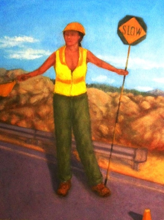 Lisa the Flagger, 2024, oil on canvas, 26 x 20 in. / 66.04 x 50.8 cm.